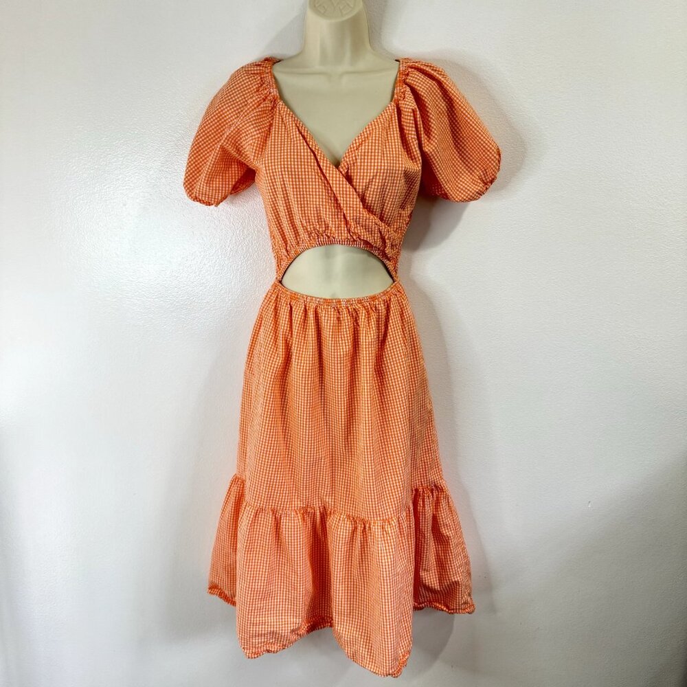 Sim & Sam Midi Dress Size Small S Gingham Check Orange White Puff Sleeve Smocked